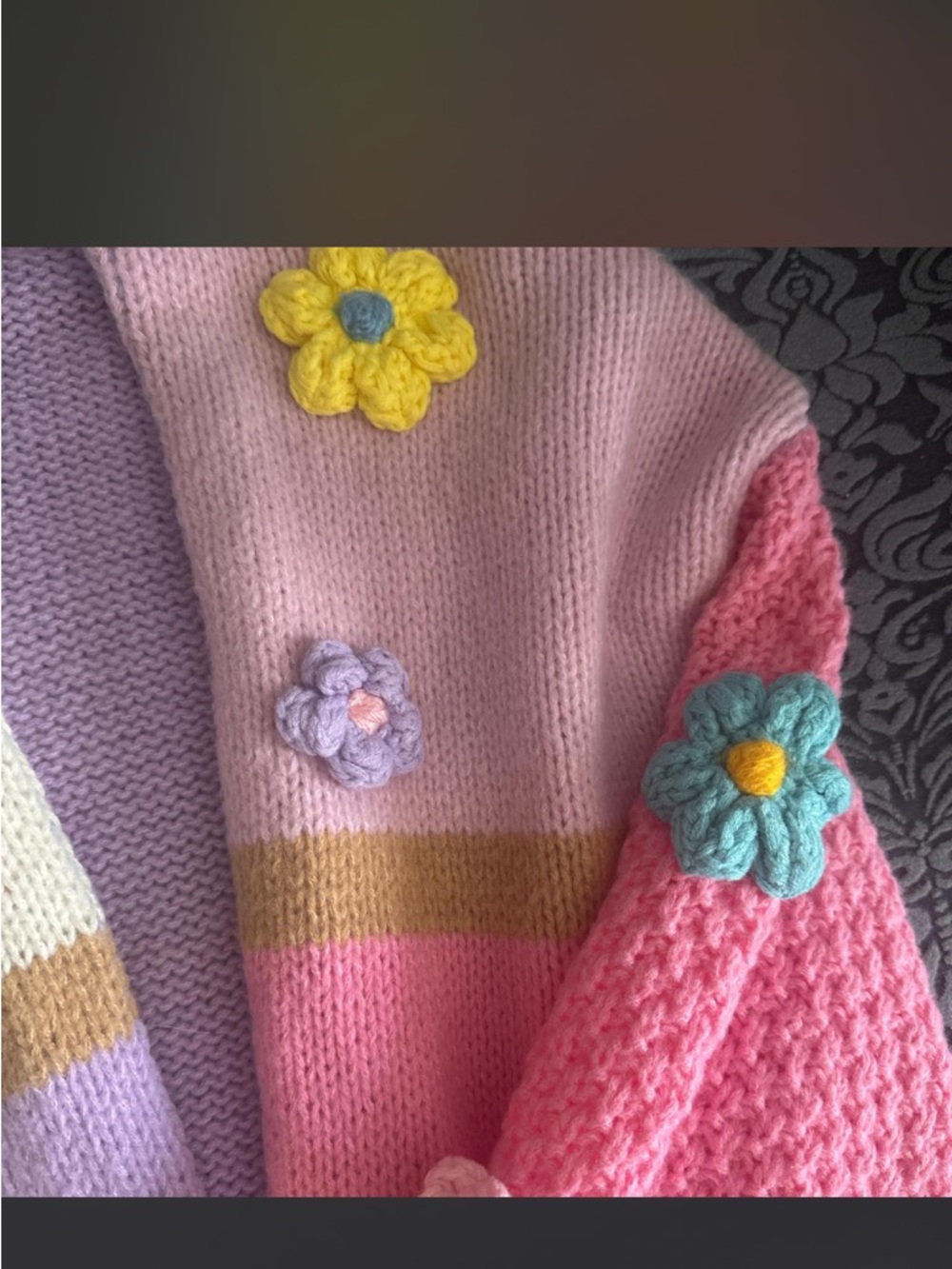 Colorblock Floral Appliqué Open Cardigan Sweater - Pastel Pink/Blue - Picture 3 of 4